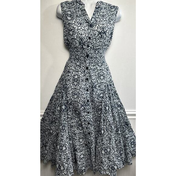 Chelsea & Theodore Maxi Shirt Dress S Fit Flare Cotton Smocked Sleeveless Blue - Picture 1 of 8